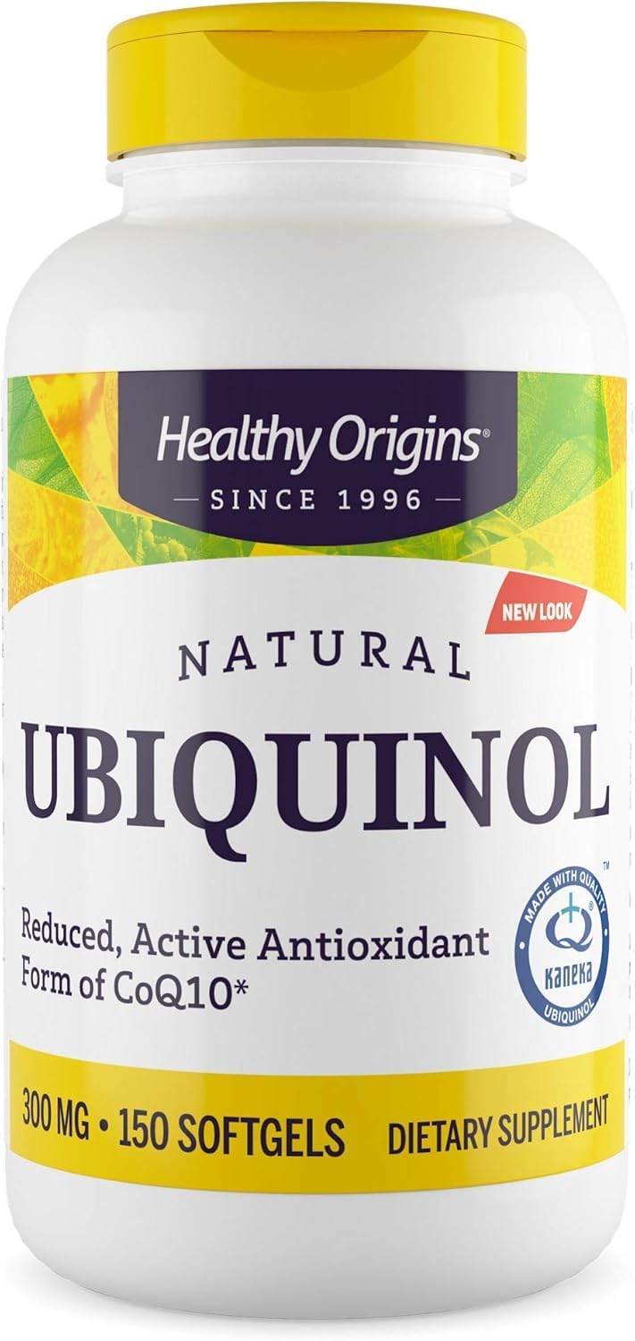 Healthy Origins ubiquinol 300mg softgels bottle for heart health support.