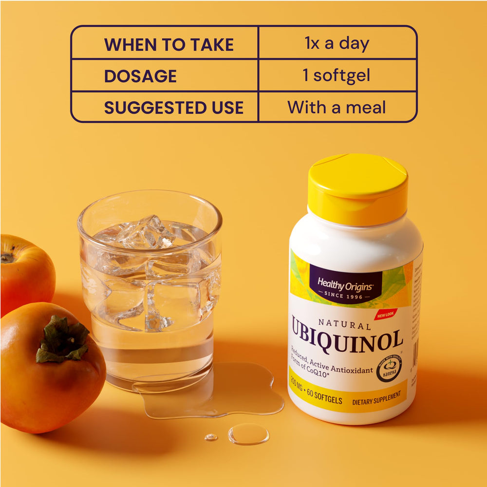 Healthy Origins ubiquinol amber bottle closeup, sealed for potency and freshness.