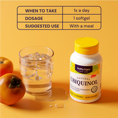 Healthy Origins ubiquinol amber bottle closeup, sealed for potency and freshness.
