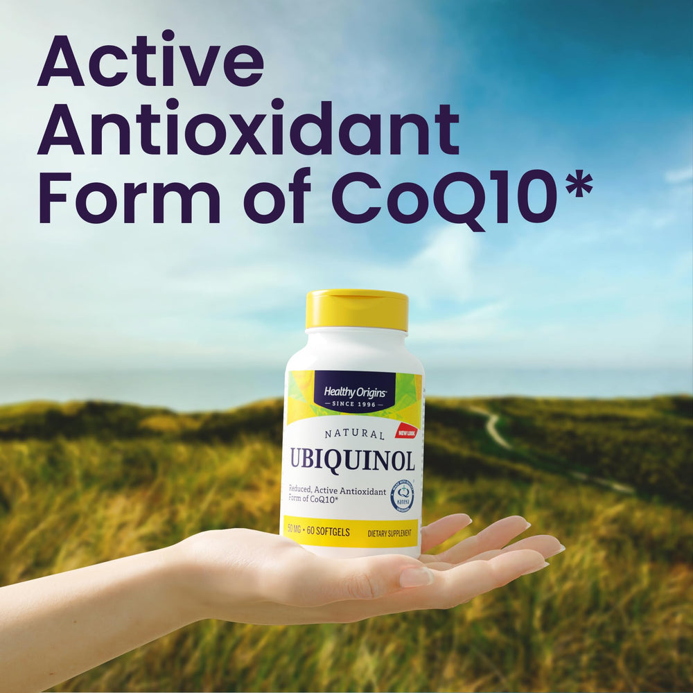 Healthy Origins ubiquinol bottle pour illustrating convenient daily supplementation.