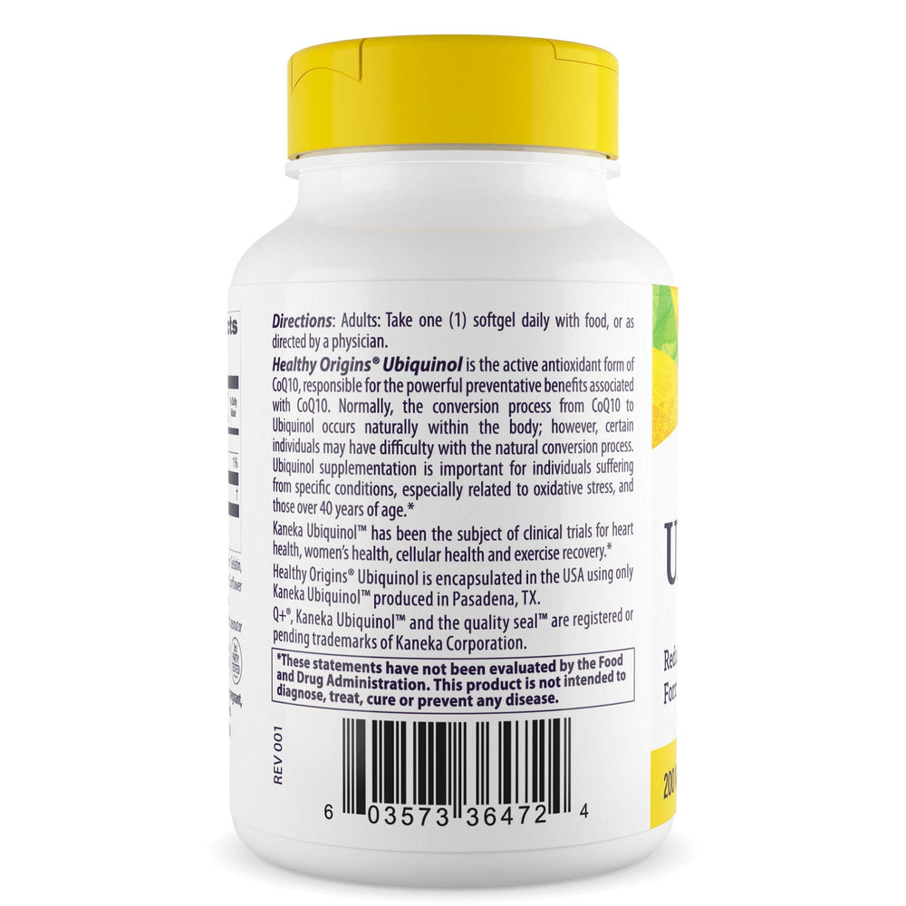 Healthy Origins ubiquinol daily dosage take indicates 60 softgels for ongoing heart and energy support.