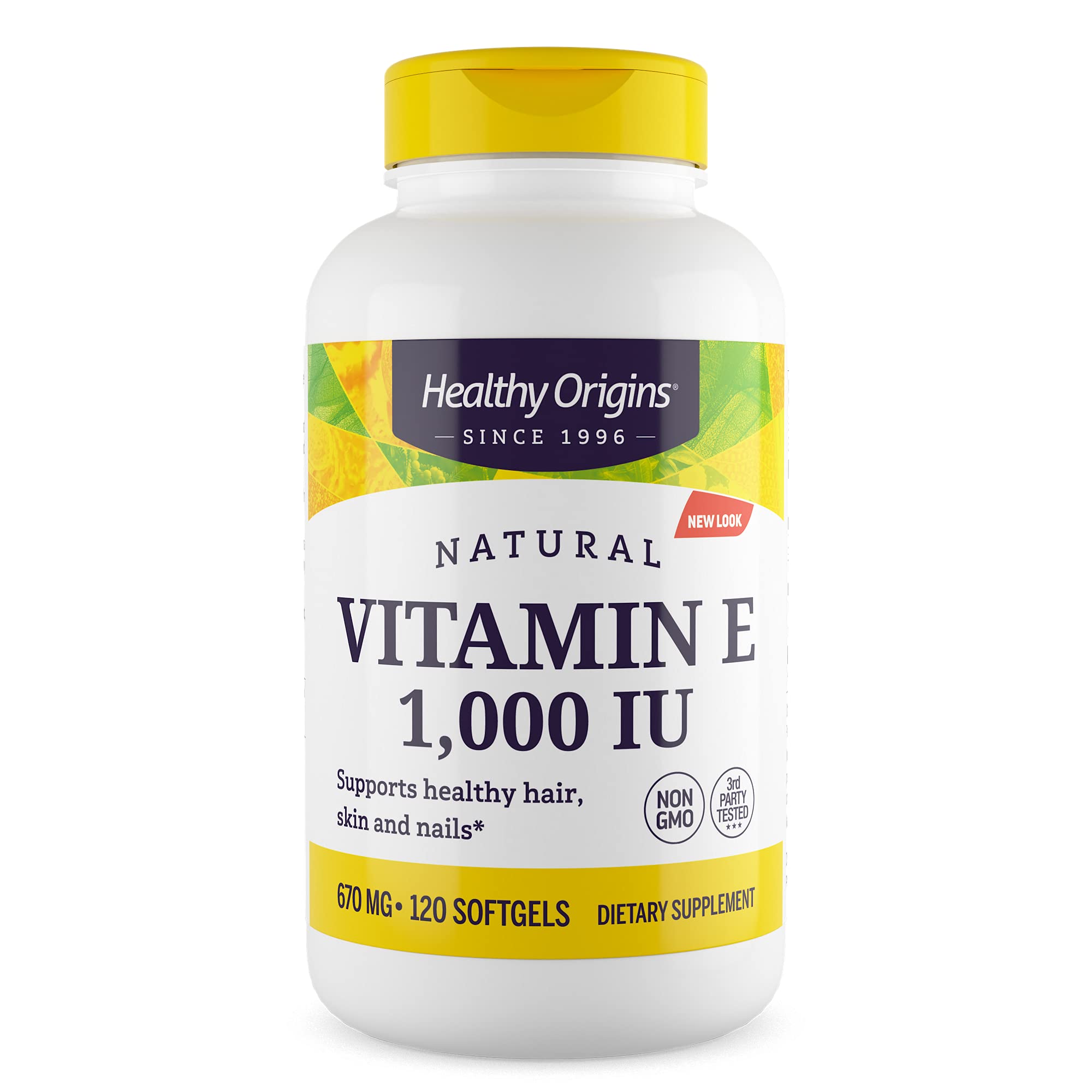Healthy Origins Vitamin E 1000 IU bottle with label showing natural mixed tocopherols