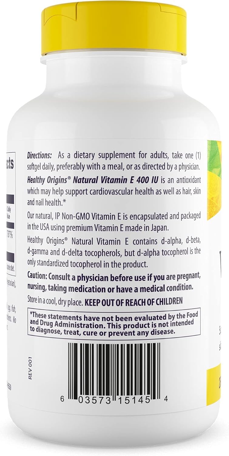 Close-up of 180 Vitamin E softgels in bottle