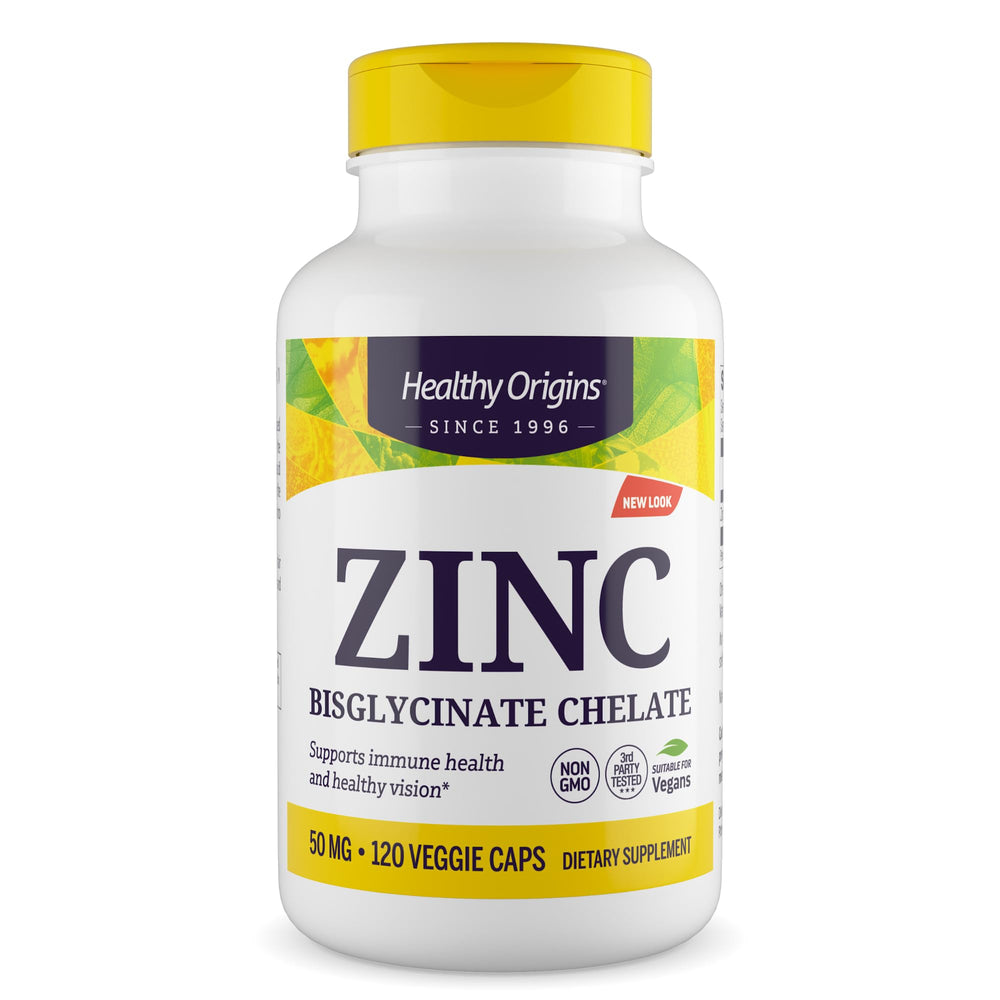 Healthy Origins Zinc Bisglycinate Chelate 50 mg bottle with Albion Minerals label