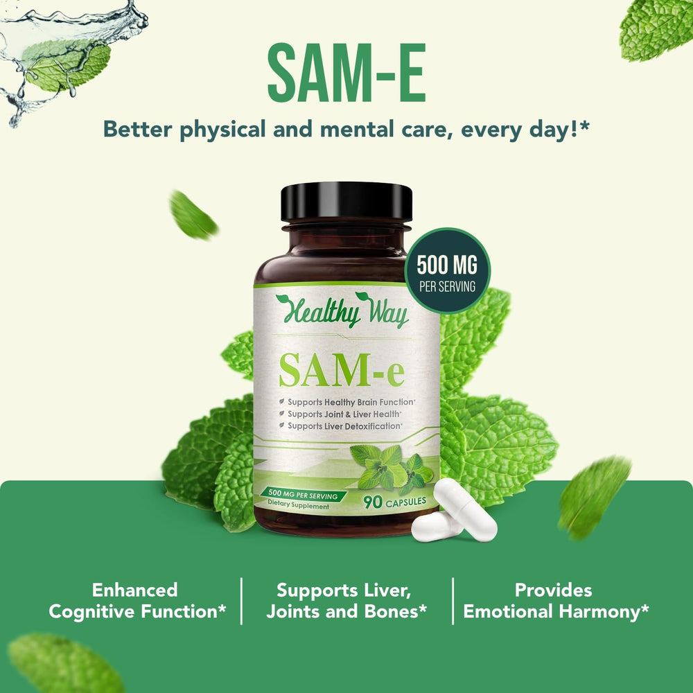 SAM-e 500mg capsules spilling from bottle