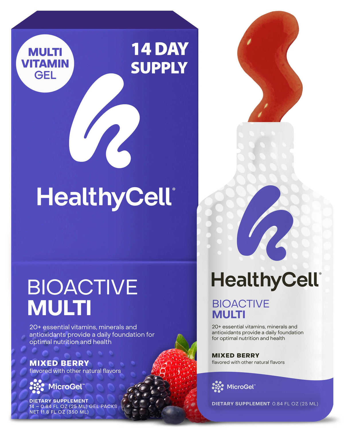 HealthyCell Bioactive Daily Liquid Multivitamin bottle with 14 gel packs