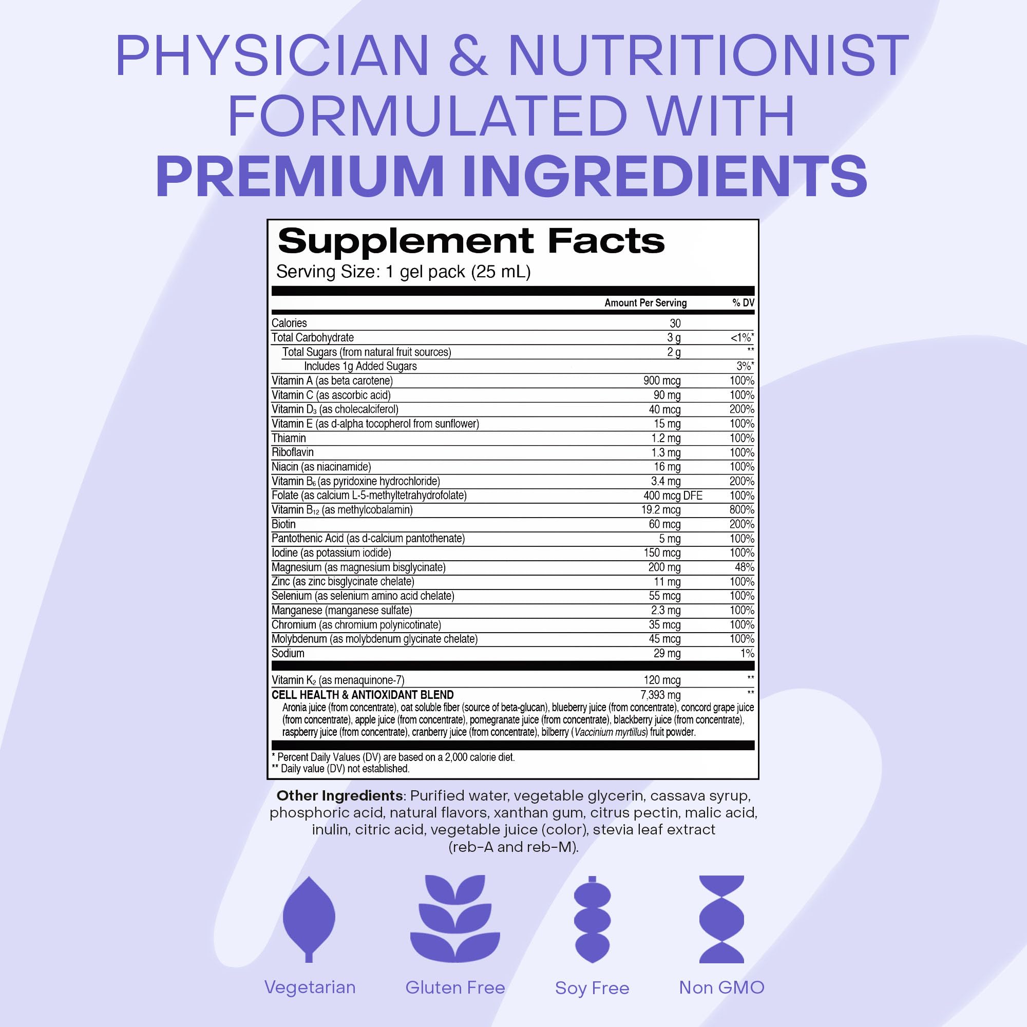 Label highlights vegetarian, non-GMO, gluten-free and soy-free attributes