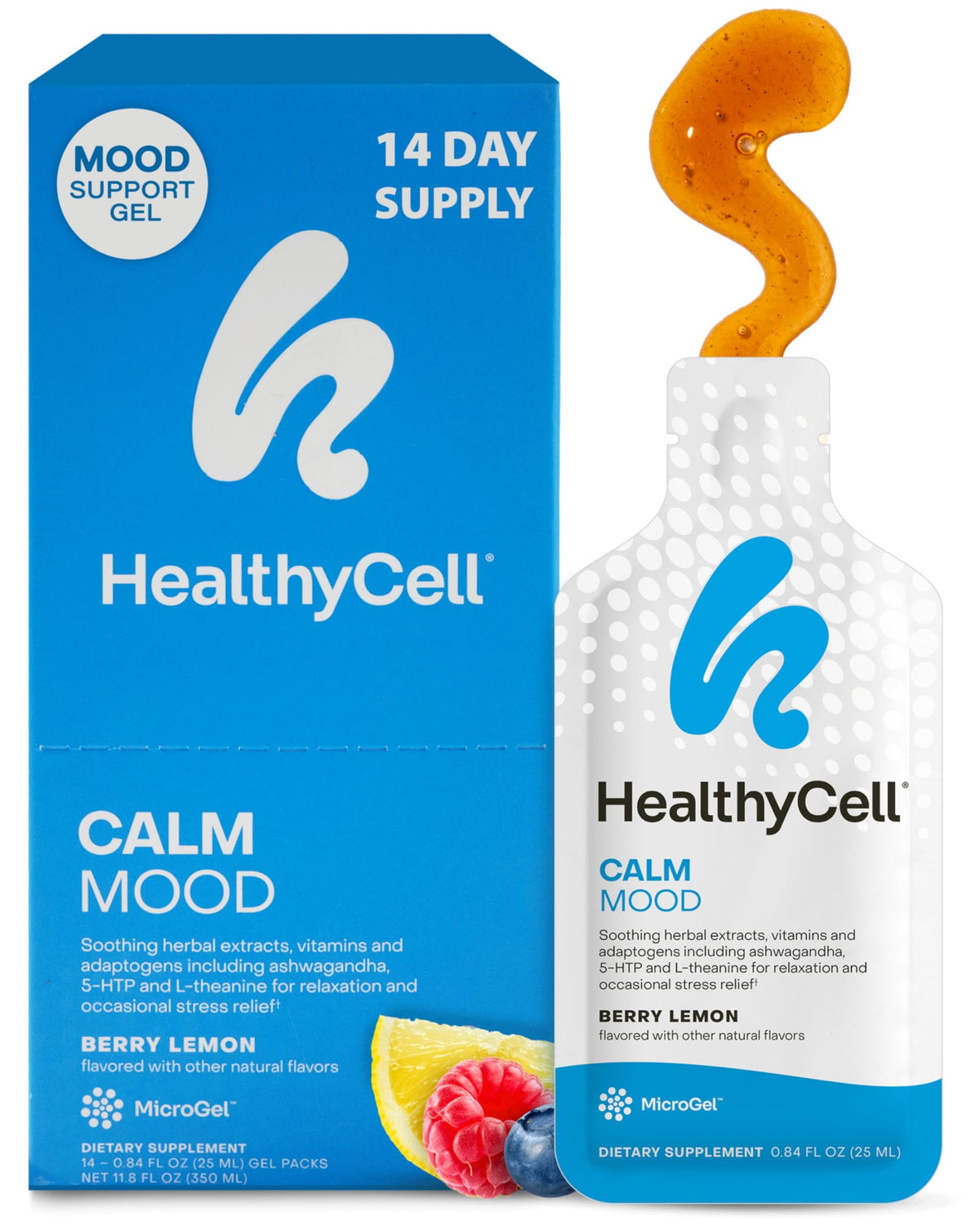 HealthyCell Calm Mood Liquid supplement bottle with 14 gel packs