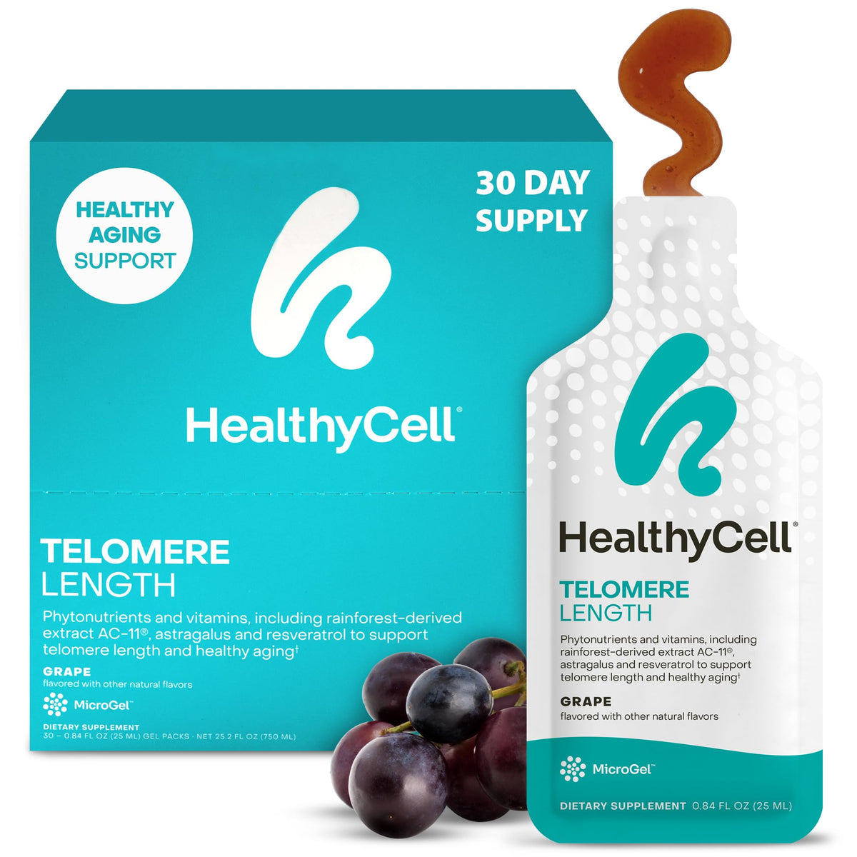 HealthyCell Telomere Length supplement bottle with 30 grape-flavored gel packs