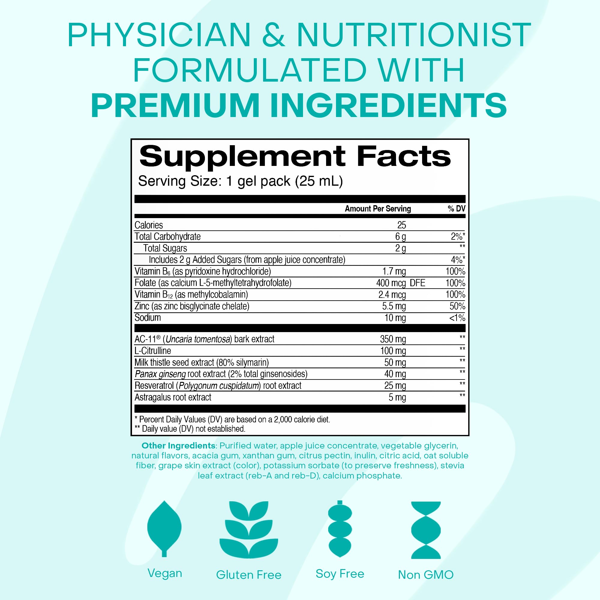 Vegan, gluten-free, soy-free and non-GMO product certification icons on packaging