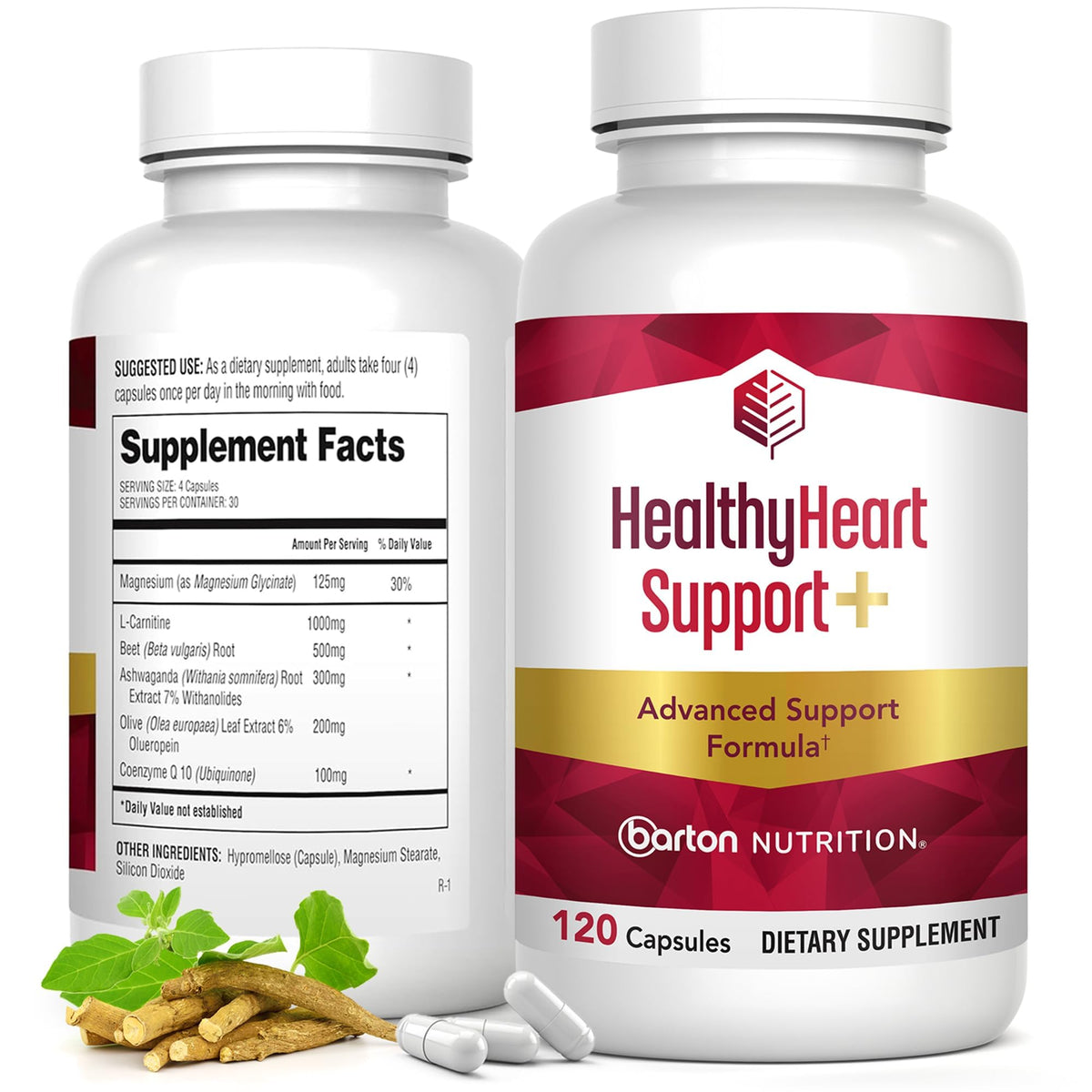 HealthyHeart Support+ hero image with bottle and capsules
