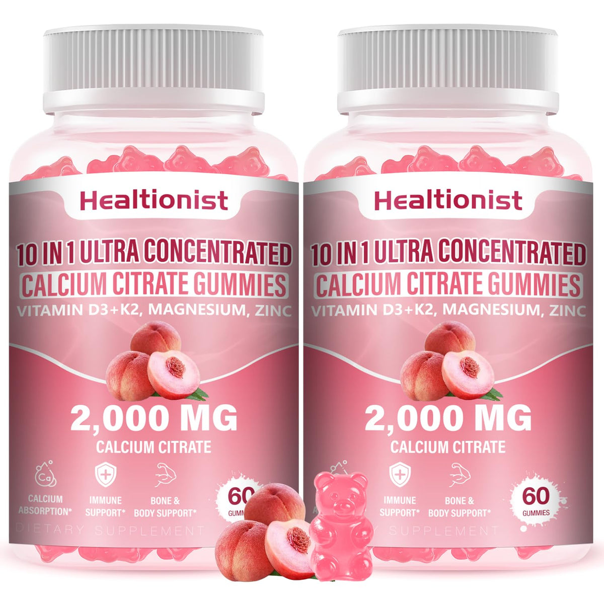 Healtionist 2000mg calcium citrate gummies with D3 and K2 peach flavor bottle