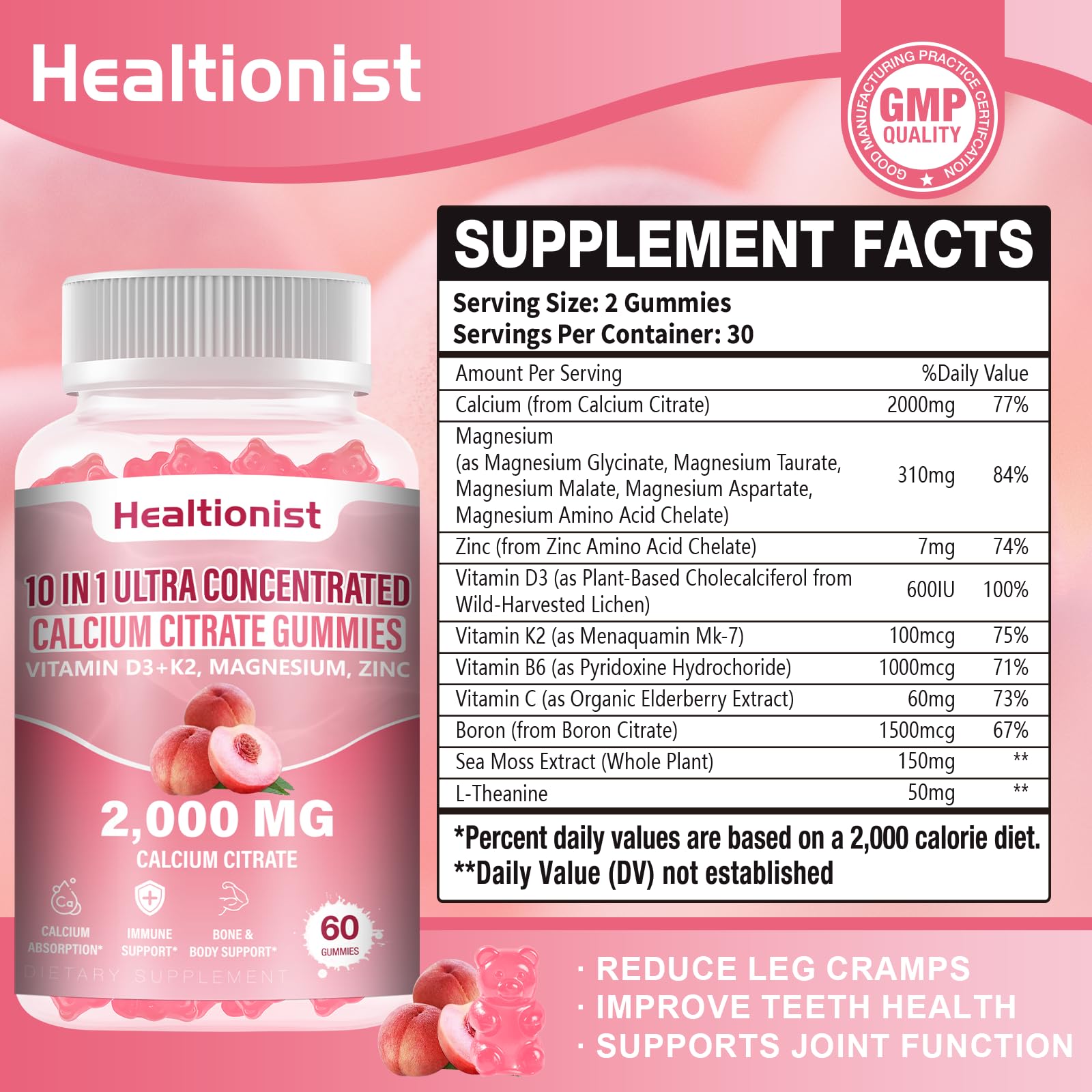 Close-up of peach-flavored calcium citrate gummies in bottle