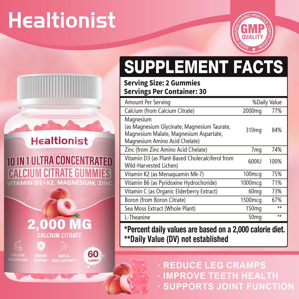 Close-up of peach-flavored calcium citrate gummies in bottle