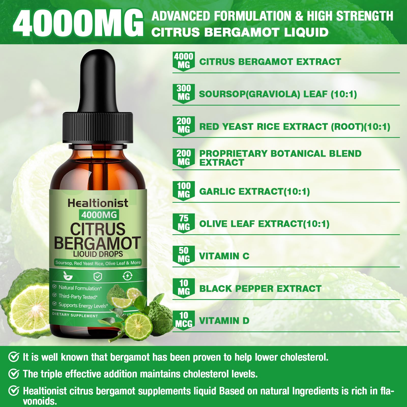 Healtionist citrus bergamot liquid drops dropper closeup highlights fast uptake.