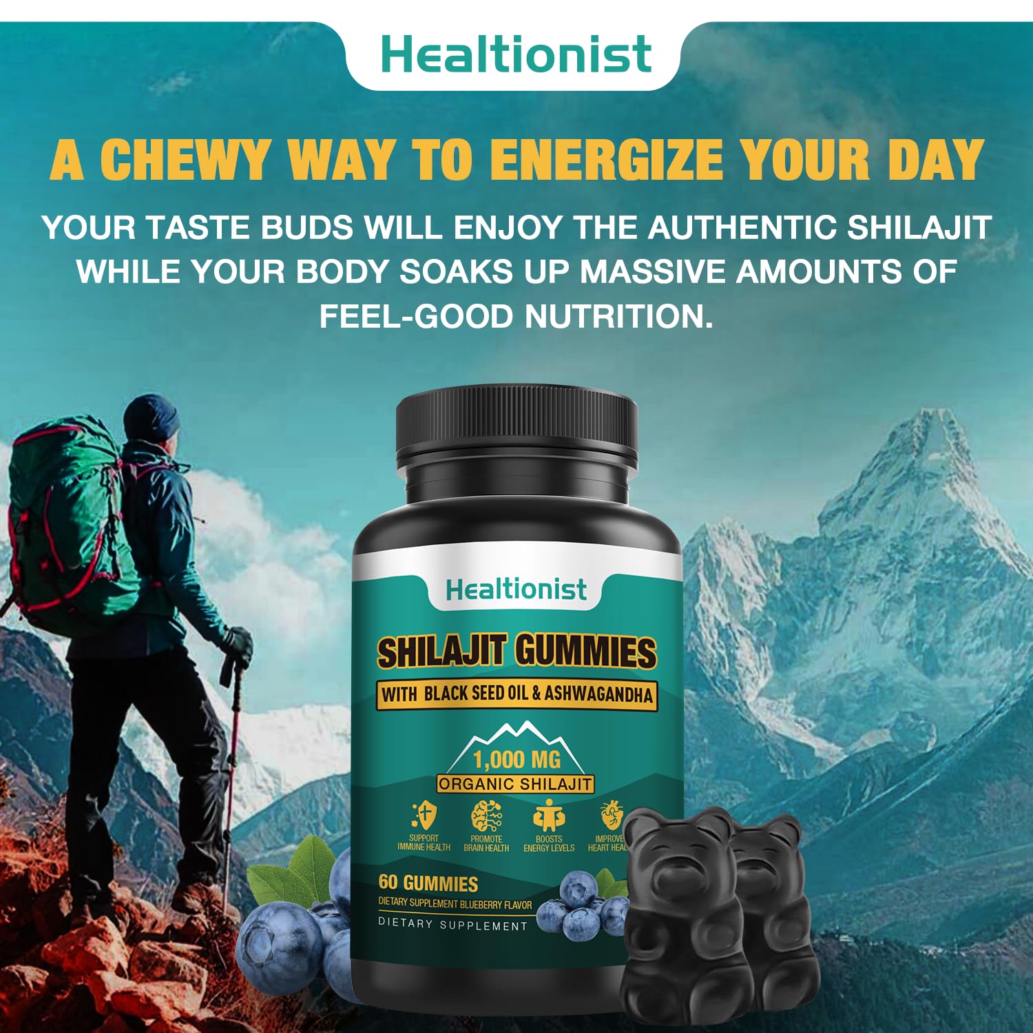 Dosage and daily-use illustration for Shilajit gummies