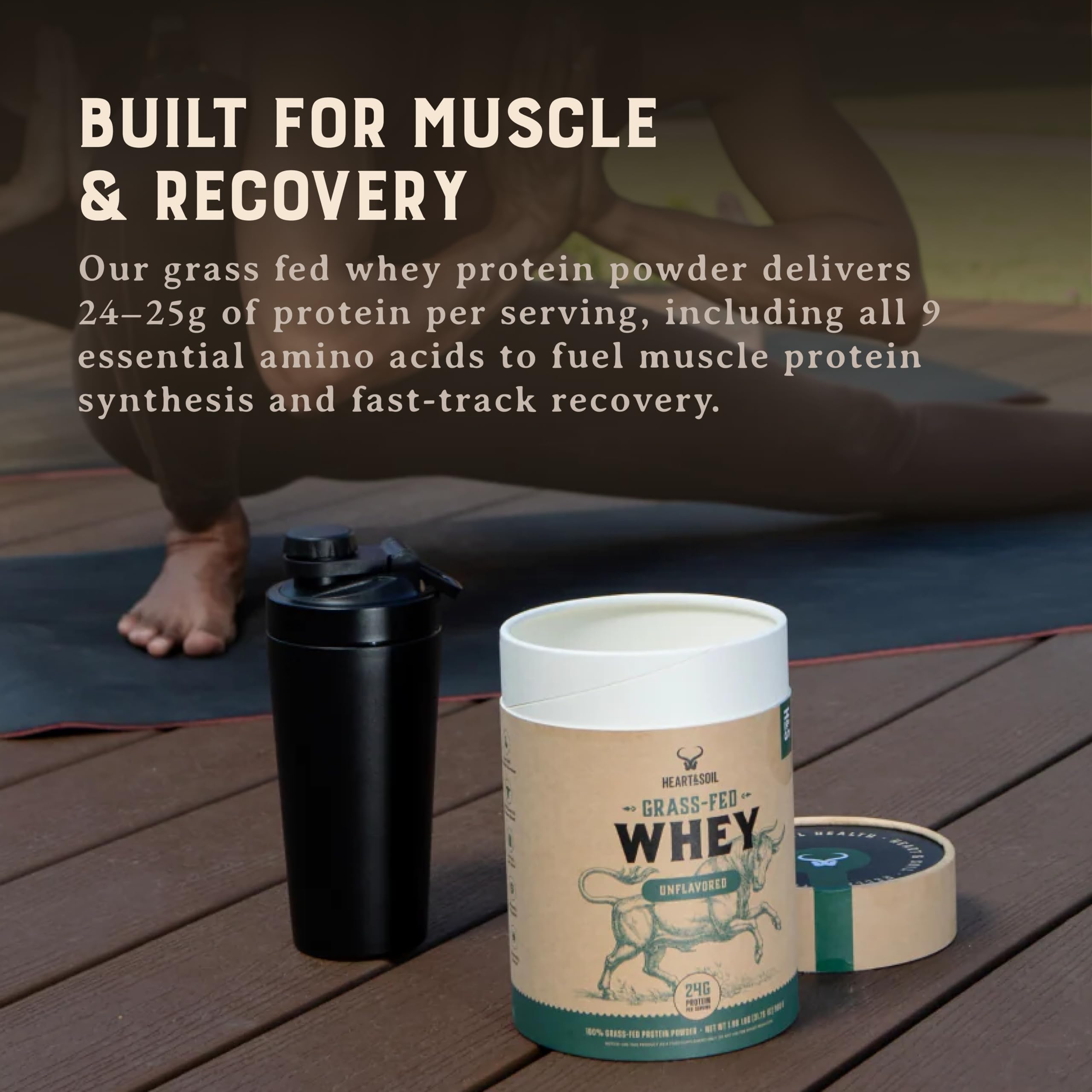 HEART & SOIL whey concentrate unflavored powder bag open illustrates minimal ingredients for versatile shakes.