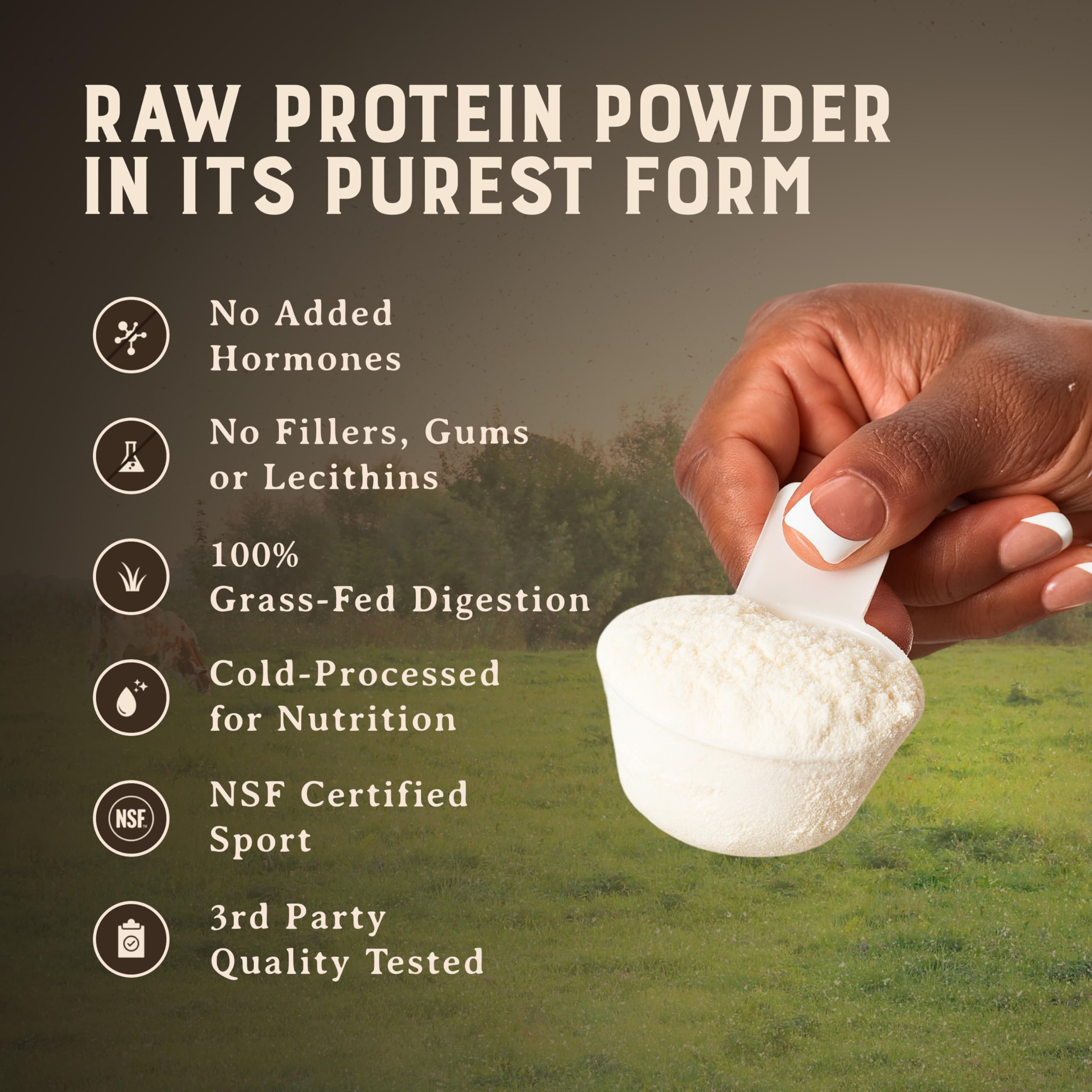 HEART & SOIL whey concentrate unflavored powder cold-processed badge emphasizes nutrient integrity.