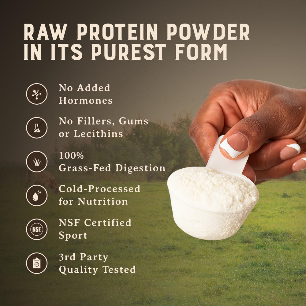 HEART & SOIL whey concentrate unflavored powder cold-processed badge emphasizes nutrient integrity.