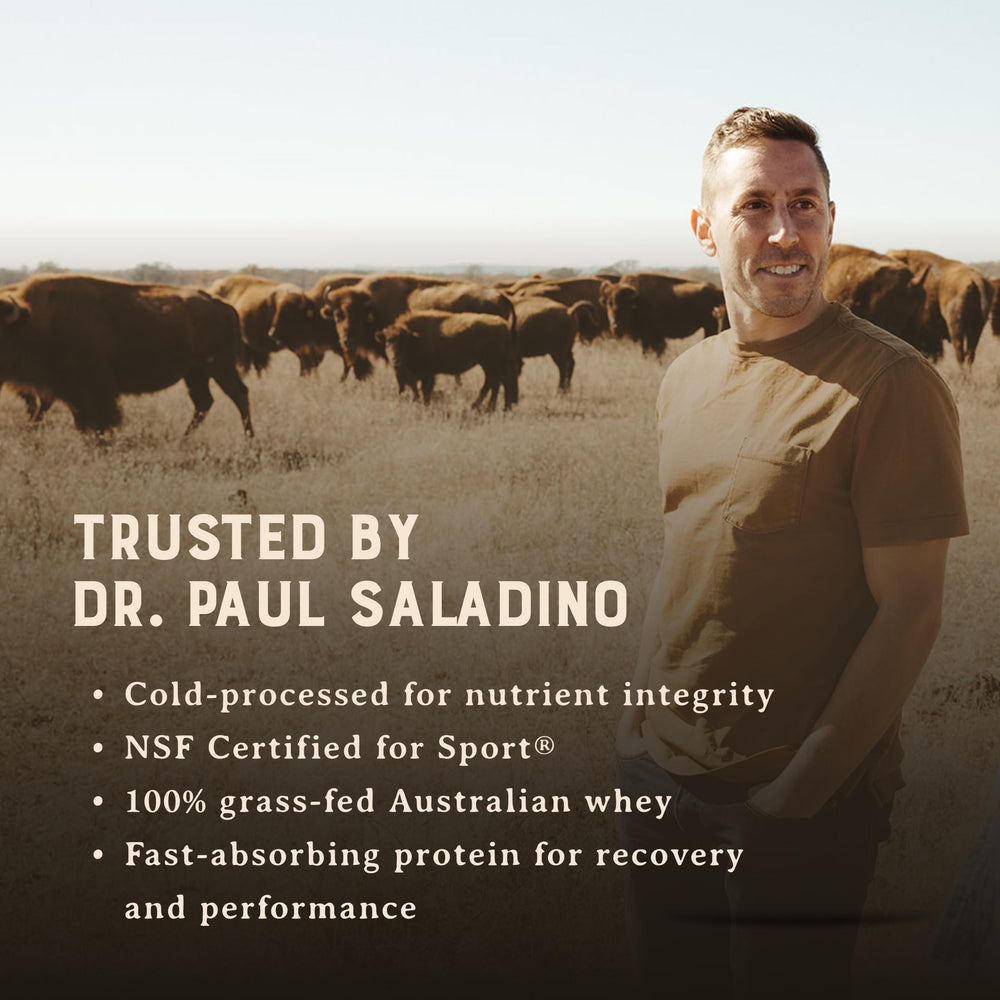 HEART & SOIL whey concentrate unflavored powder cold-processed badge emphasizes nutrient integrity.