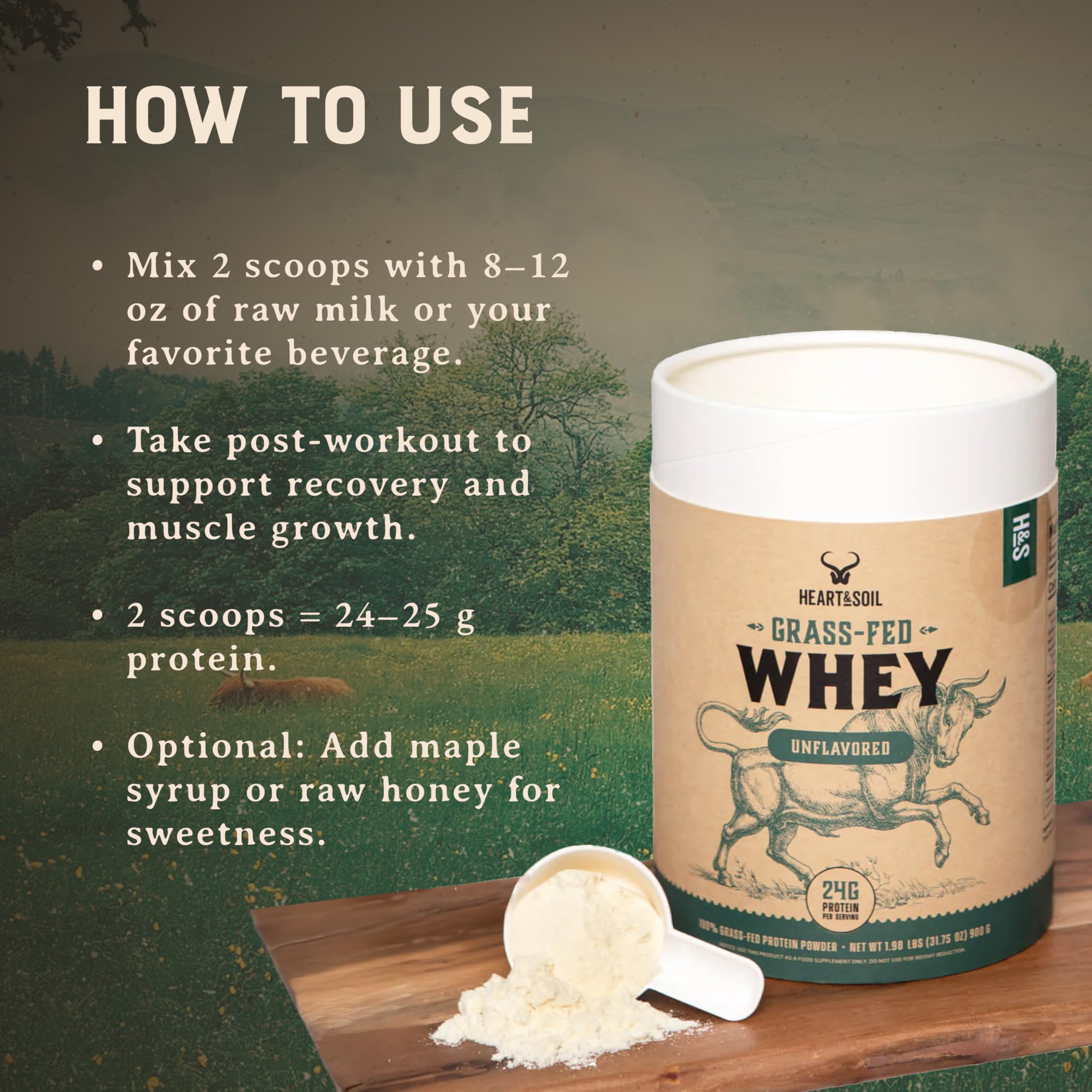 HEART & SOIL whey concentrate unflavored powder with grass-fed Australian cows for clean sourcing.
