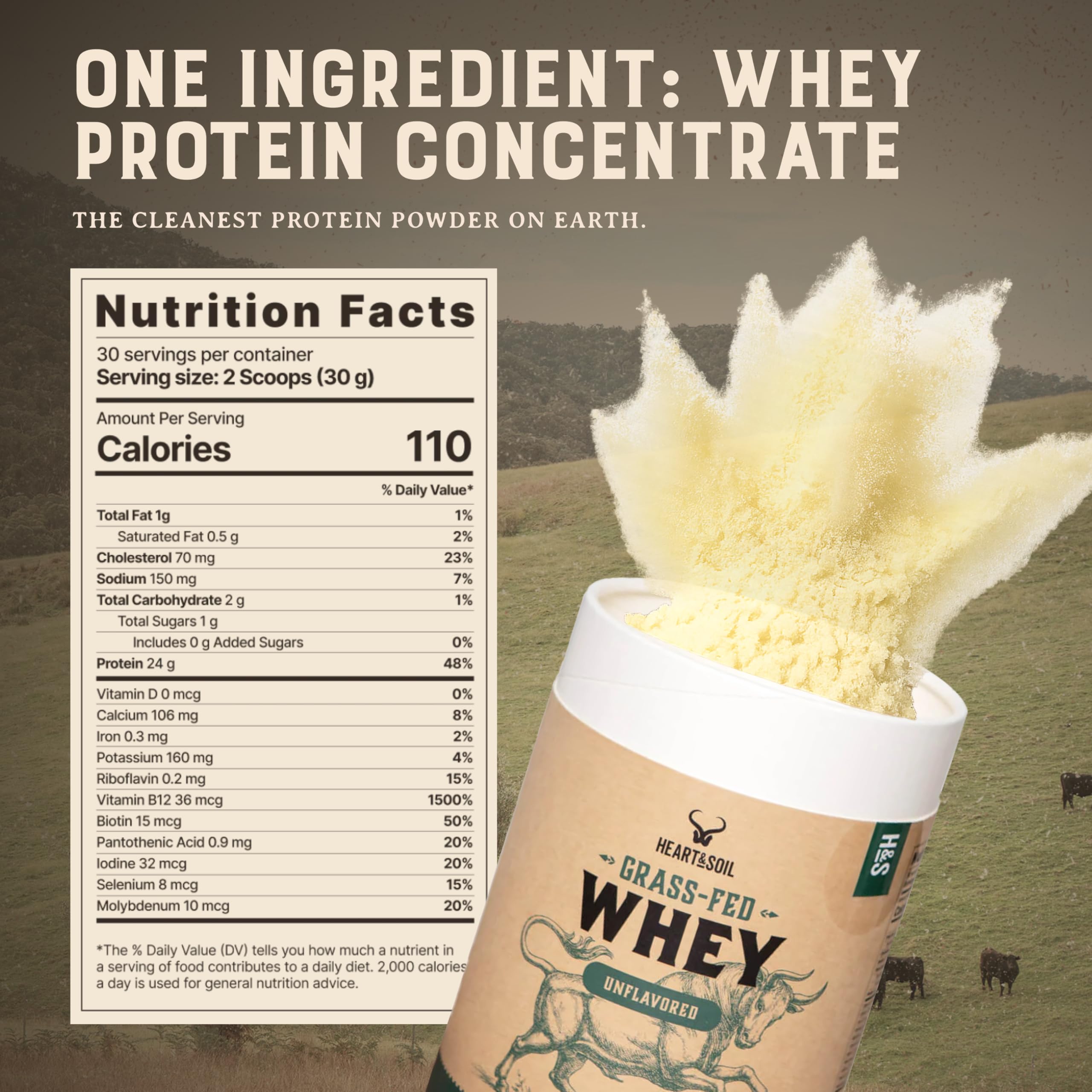 HEART & SOIL whey concentrate unflavored powder scoop closeup shows pure protein for quick recovery.