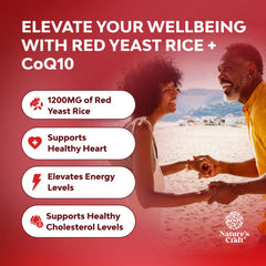 Graphic illustrating heart health benefits of red yeast rice with CoQ10