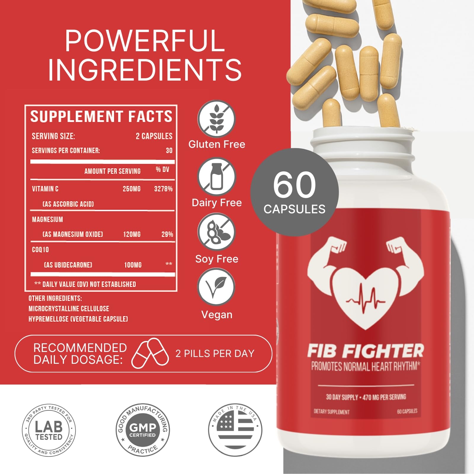 CoQ10 100 mg, Magnesium 120 mg, Vitamin C 250 mg per serving emphasis