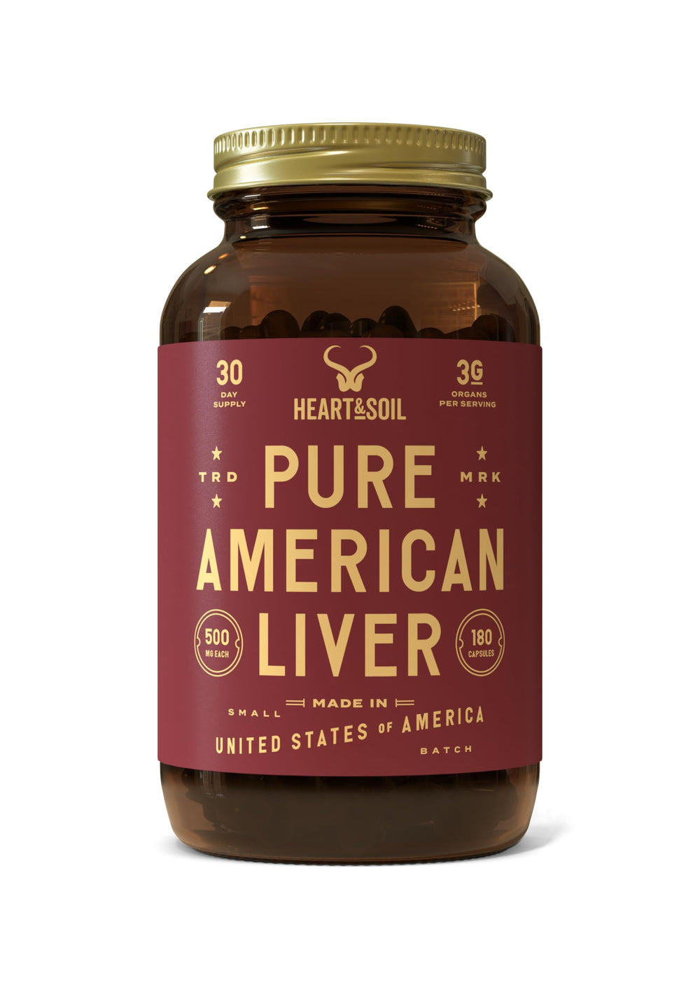 HEART & SOIL beef liver supplement bottle with 180 capsules