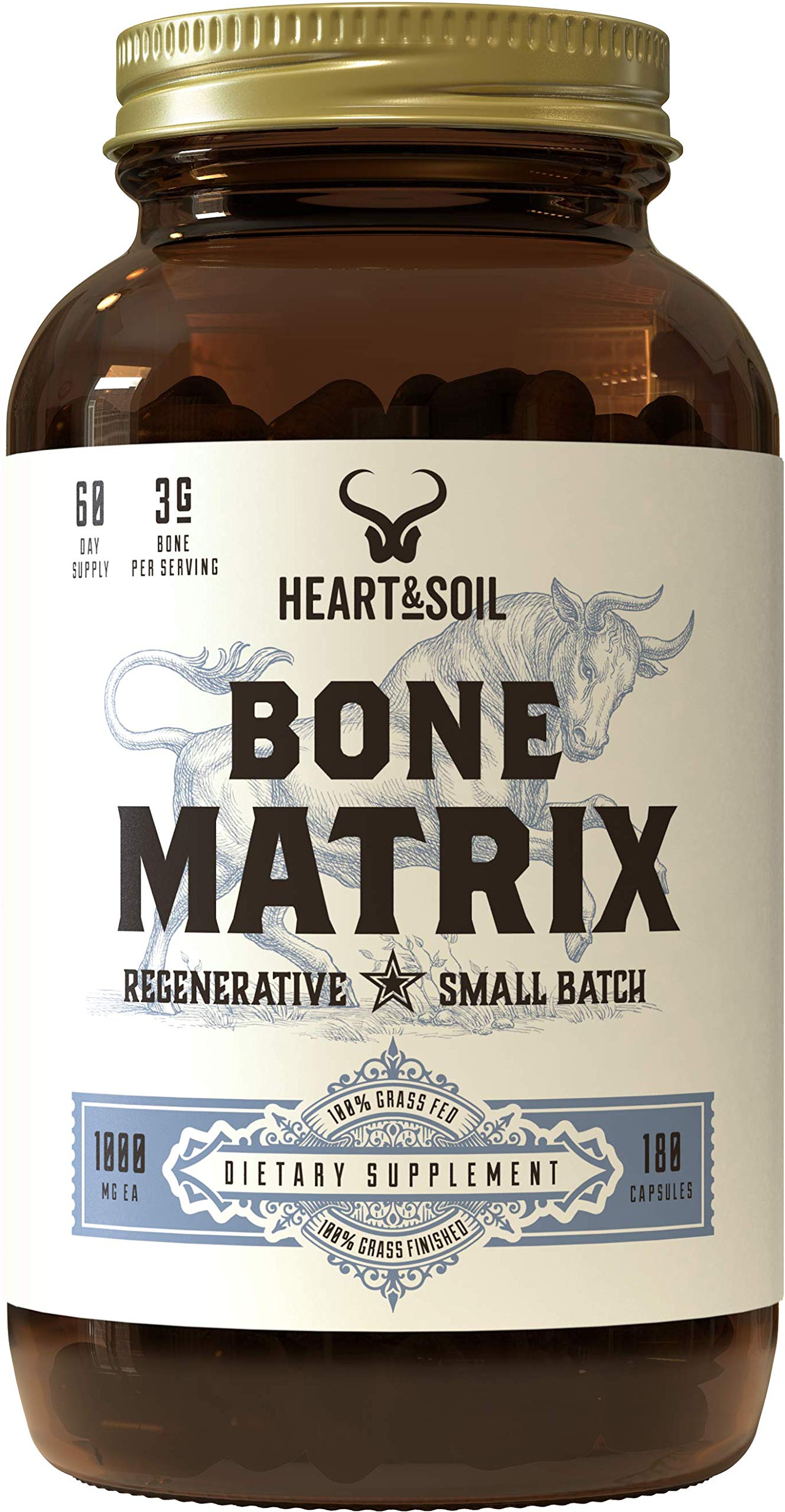 Heart & Soil Bone Matrix bottle label showing Grass-Fed and regenerative New Zealand origin