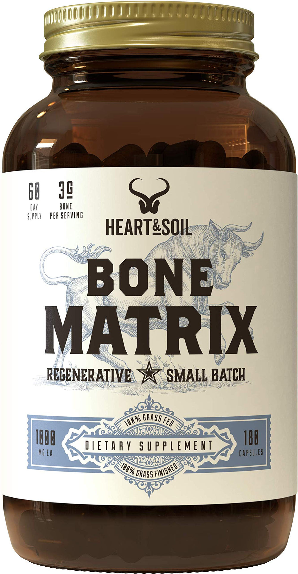 Heart & Soil Bone Matrix bottle label showing Grass-Fed and regenerative New Zealand origin