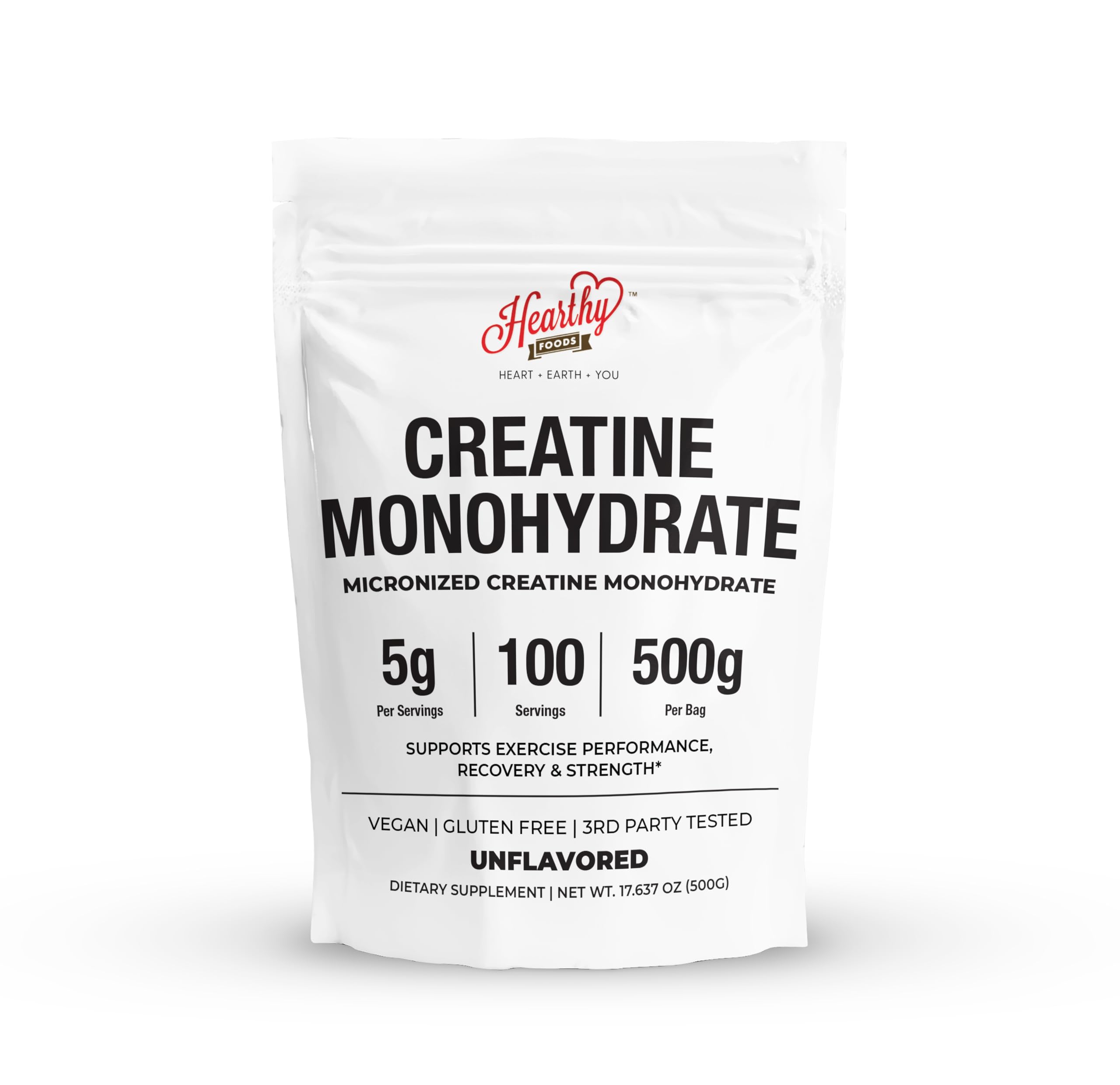 Hearthy Foods Creatine Monohydrate Micronized Powder bottle with scoop