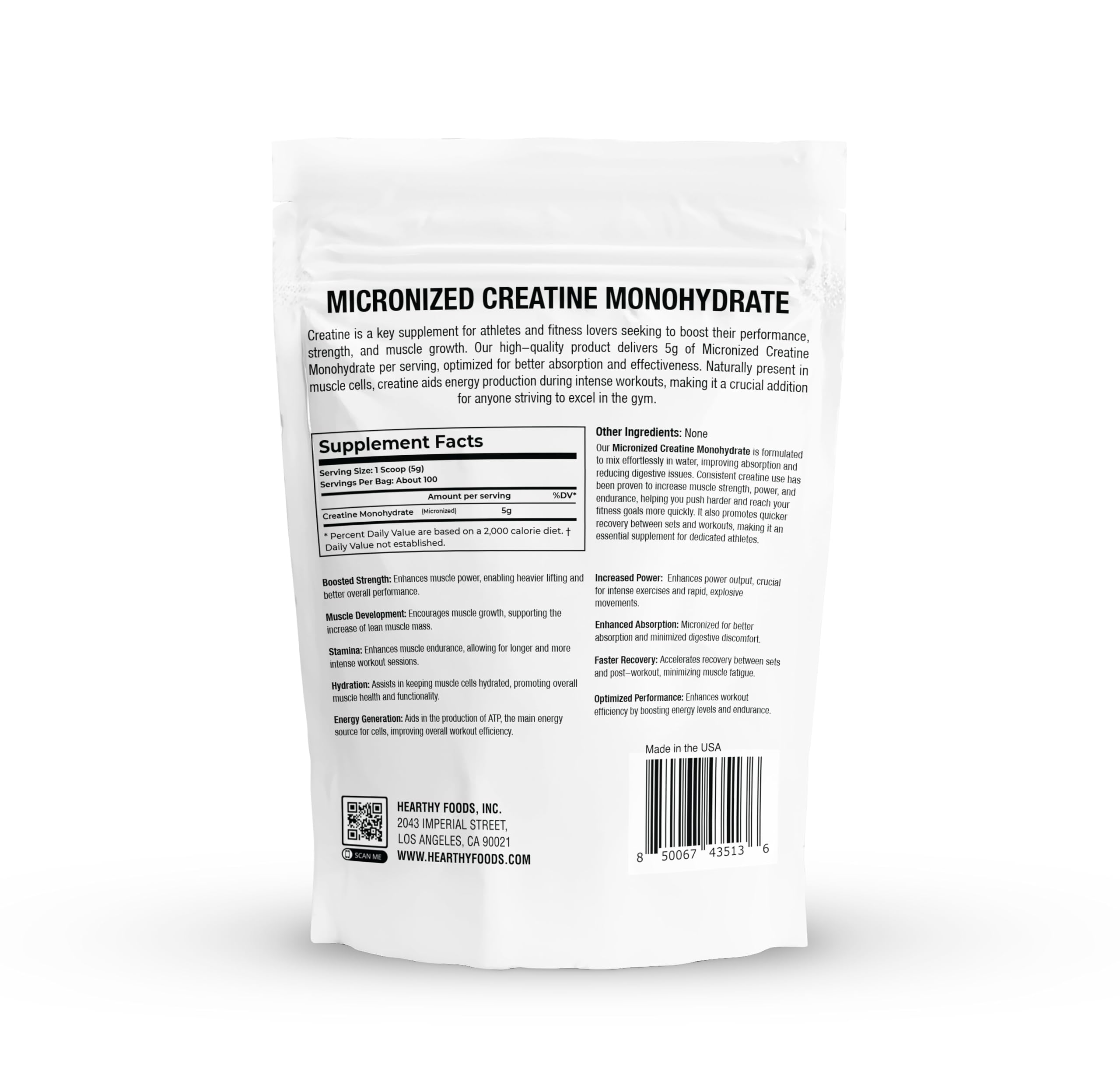500 g Hearthy Foods Creatine Monohydrate Micronized Powder bag showing 100 servings