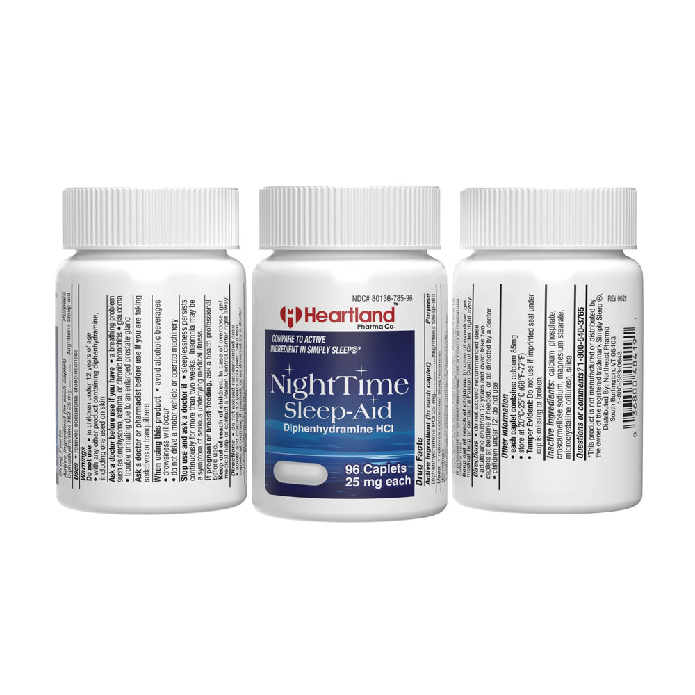 Close-up of Heartland Pharma Diphenhydramine HCl 25mg label