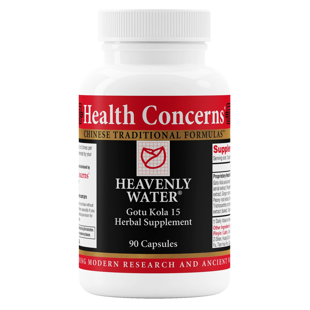 Front view of Health Concerns Heavenly Water herbal supplement bottle with 90 capsules