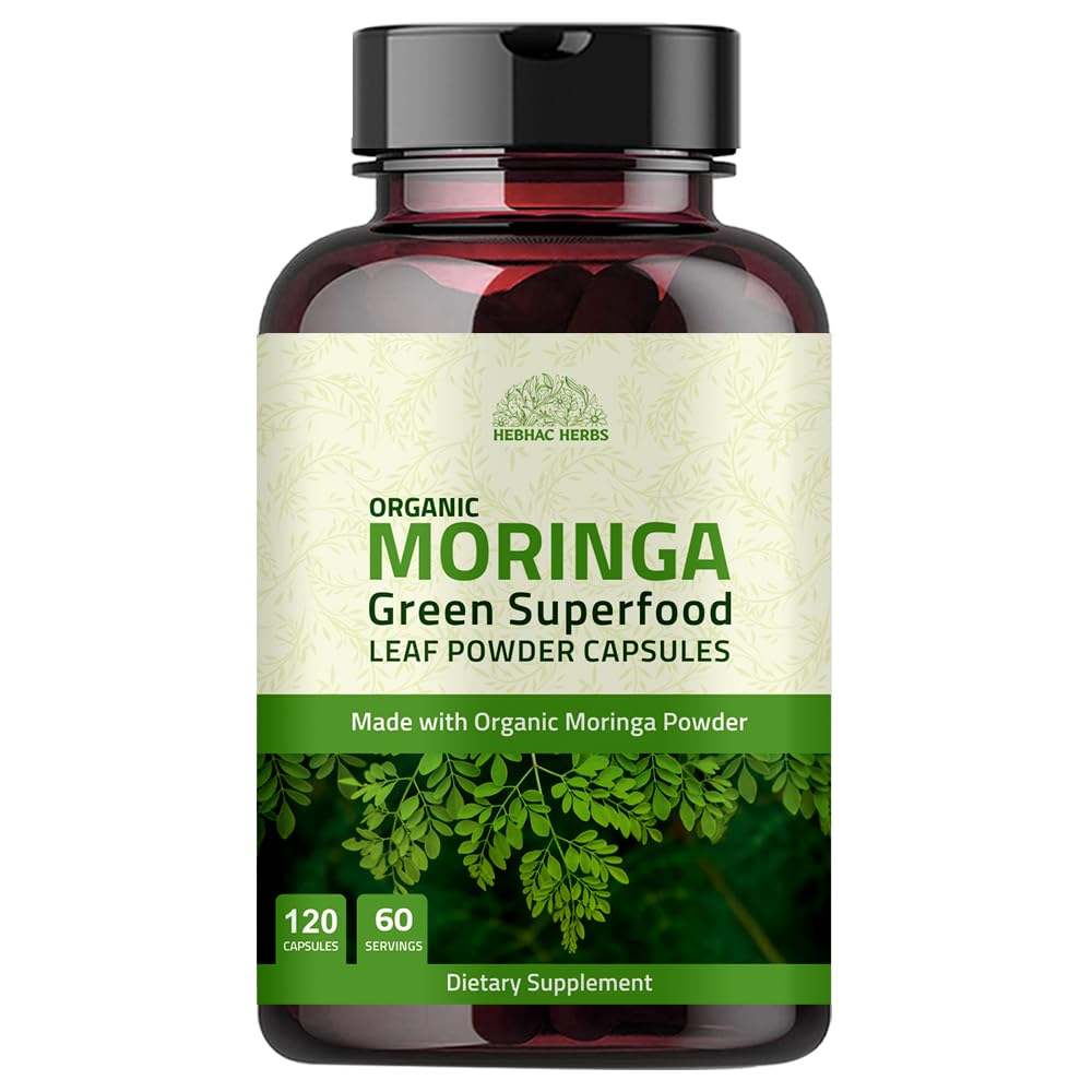 Hebhac Herbs Organic Moringa Capsules bottle with label reading 1000mg per capsule
