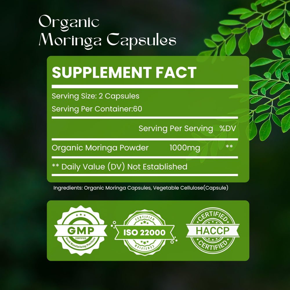 Close-up of Moringa leaf powder capsules