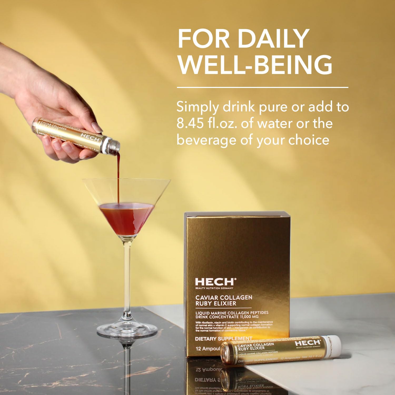 Ingredients panel showing marine collagen peptides and polyphenols