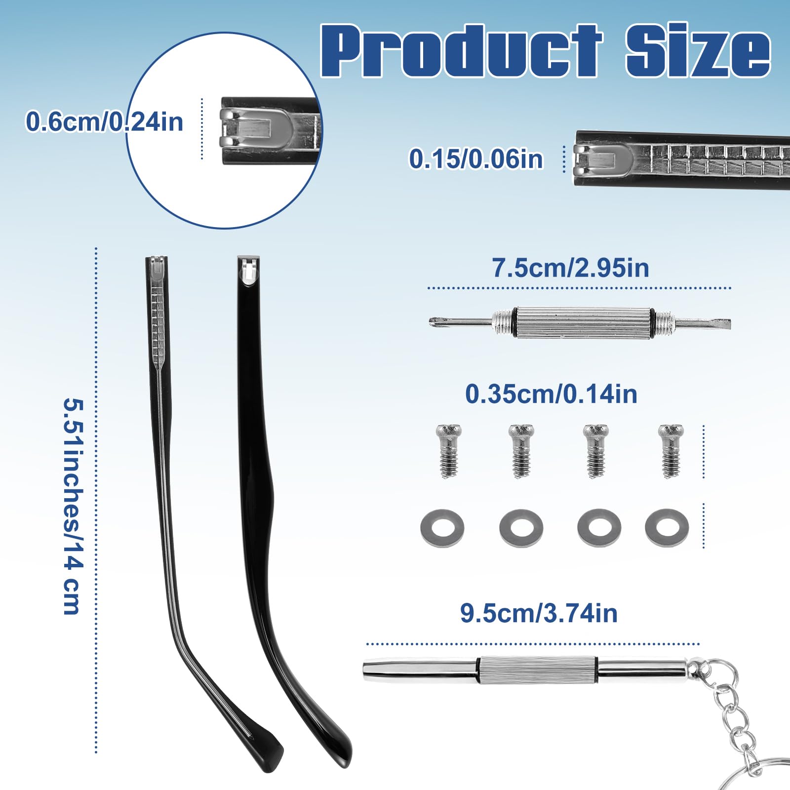 Kit contents showing 2 replacement arms, 2 screwdrivers, screws, washers, and nose pads.