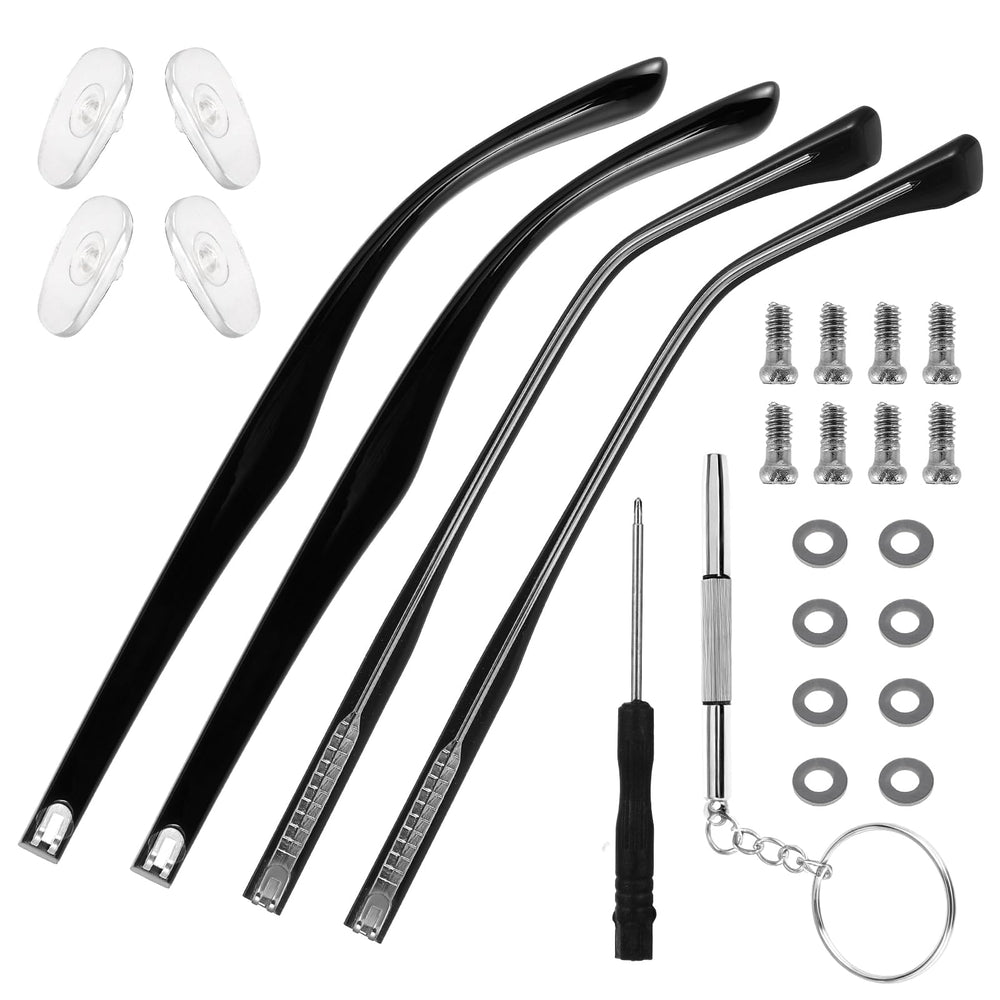 Packaging contents: arms, screws, washers, screwdrivers, and nose pads
