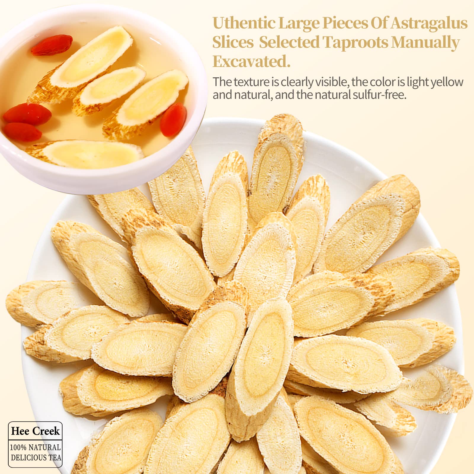 Close-up of large thick astragalus root slices