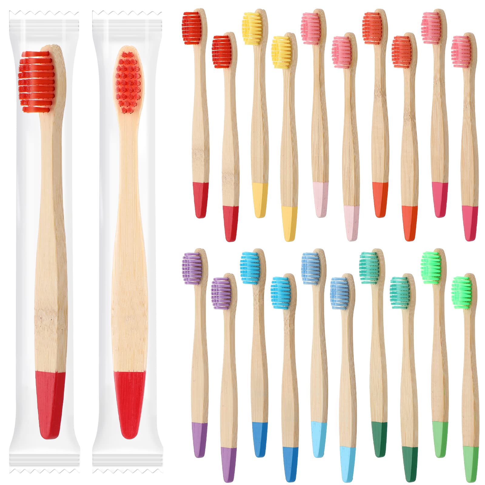 20-piece kid bamboo toothbrushes color variety including green, red, dark green, purple, sky blue, yellow, orange, rose red, dark blue, and pink