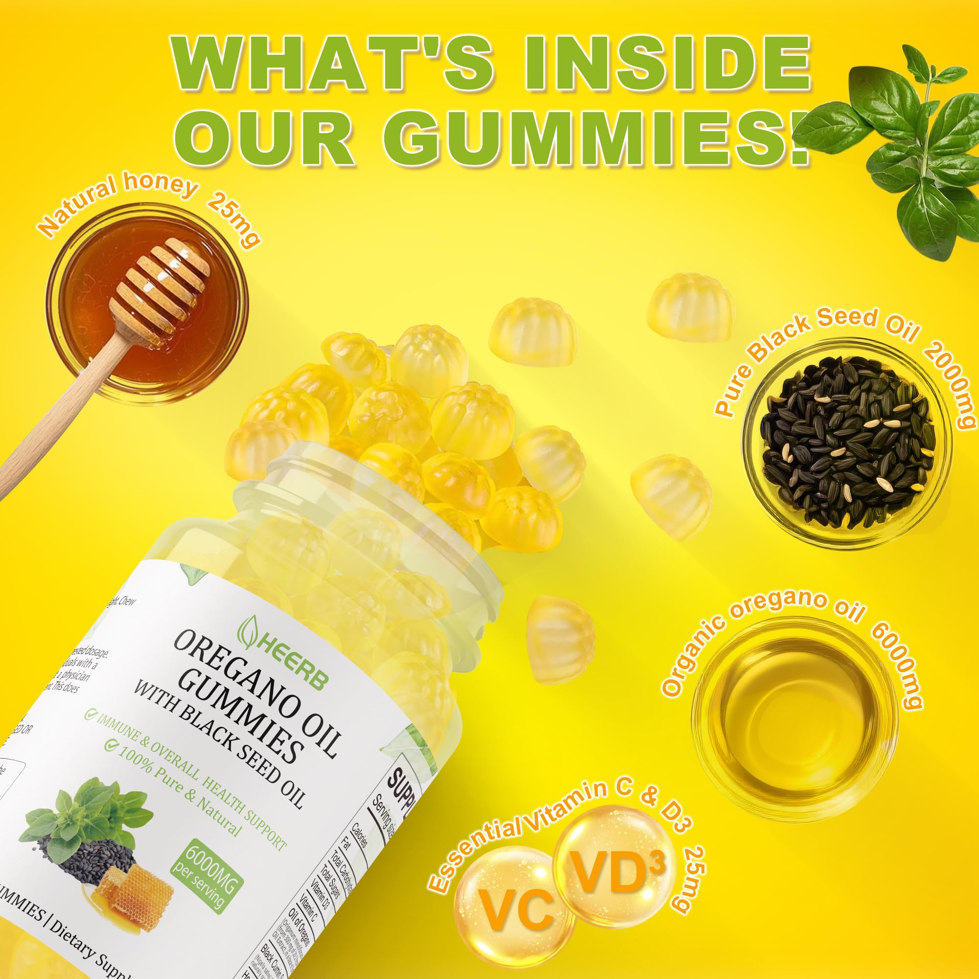 Front label highlights 6,000mg Organic Oregano Oil and 2,000mg Black Seed Oil