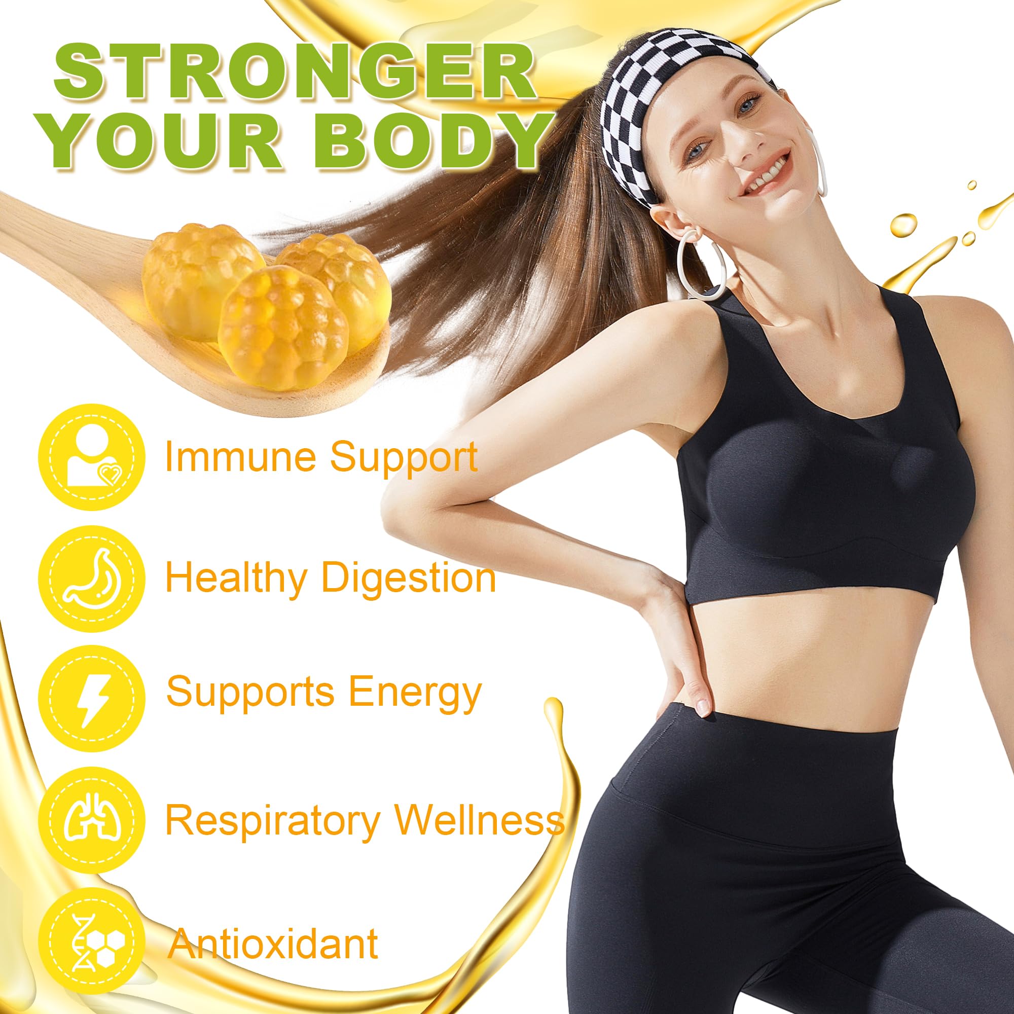 Gummies with certification badges indicating vegan and non-GMO