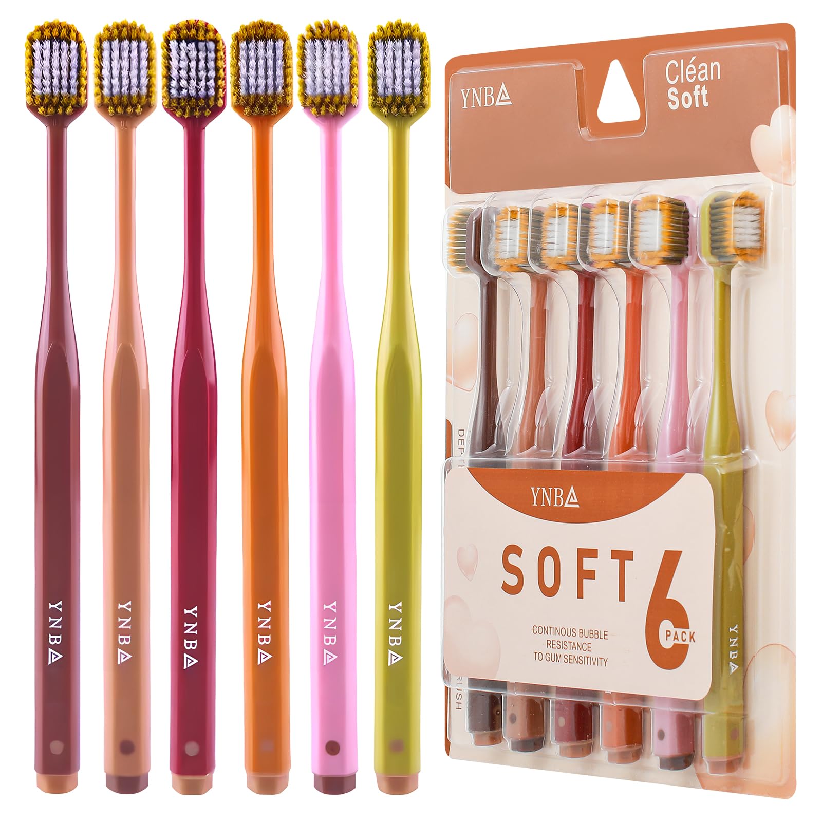 Six-color heiana extra-soft toothbrushes arranged in a row