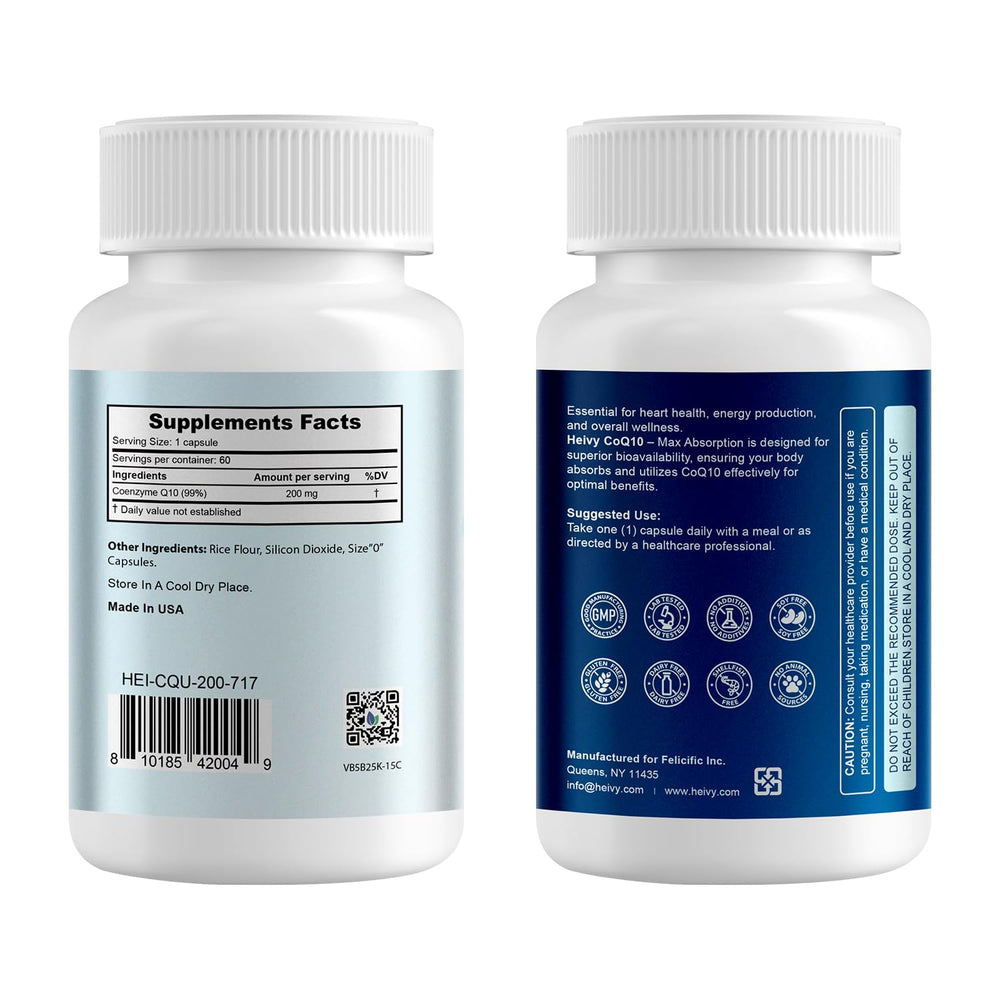 Label highlighting 99% purity CoQ10 200mg per capsule