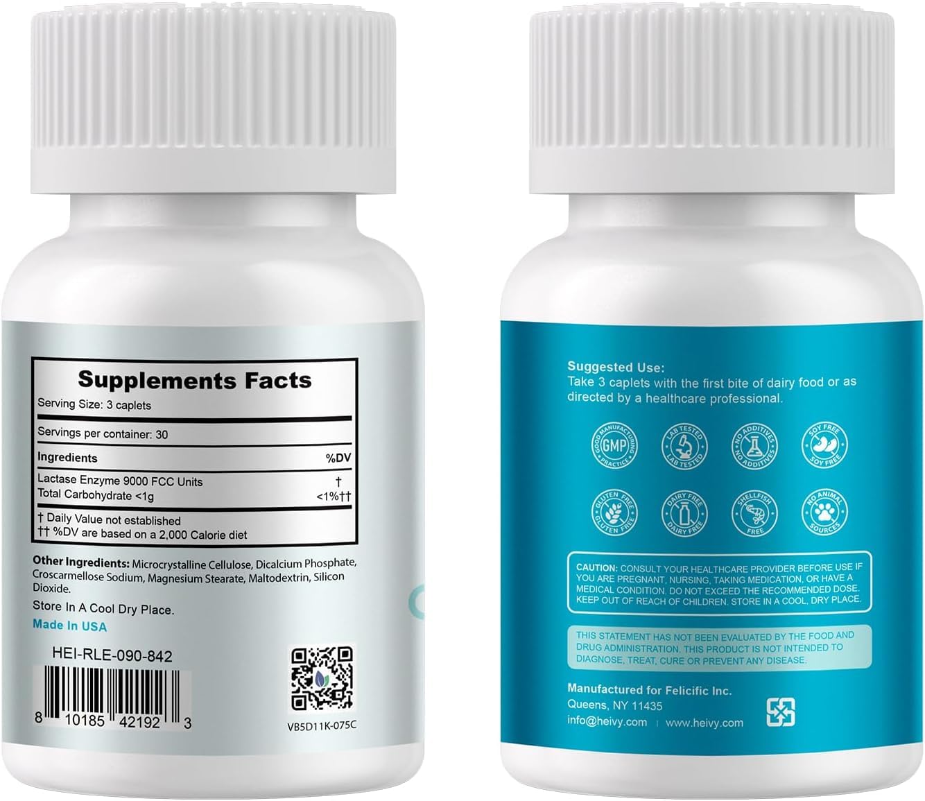 Back view of Heivy Lactase Enzyme 3000 Dairy Relief two-pack bottles