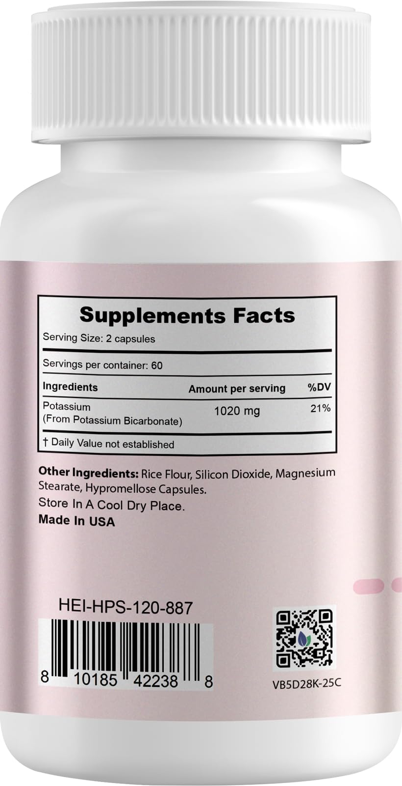 Back view of Heivy Potassium Supplement bottle with supplement facts