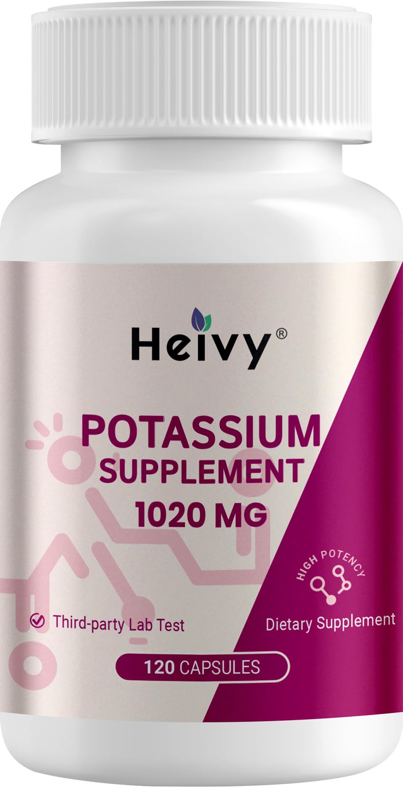 Front view of Heivy Potassium Supplement 1020 mg bottle