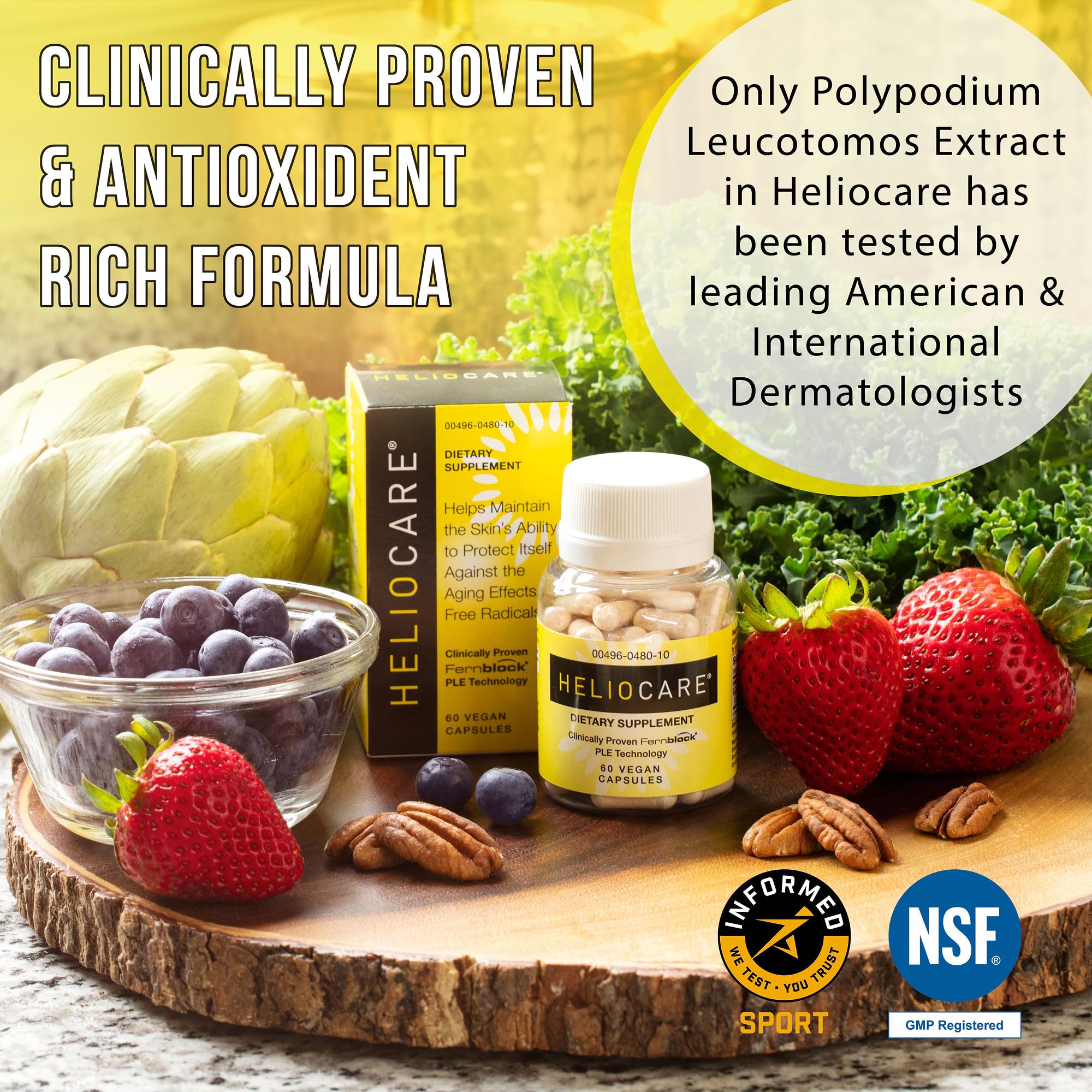 Heliocare sunscreen and supplement usage scene outdoors with product and sunscreen.